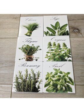 6 Cooking Herbs Basil Chives Thyme Sage Rosemary Oregano Theme Coaster Tiles
